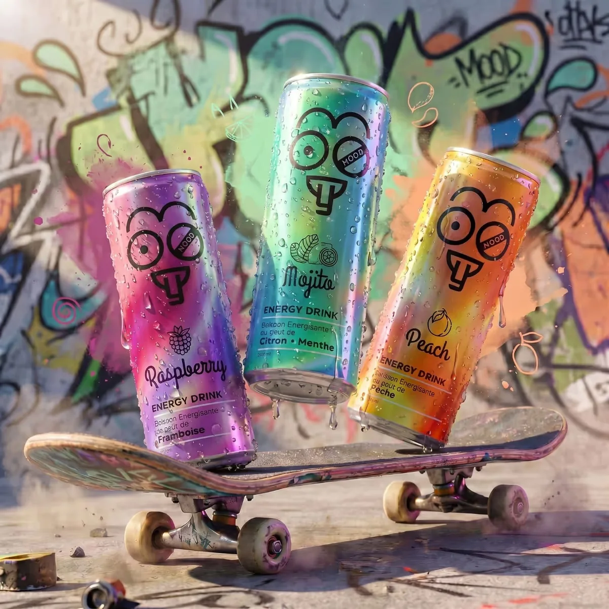 Moody energy drink, canettes colorées dans une ambiance street et skate