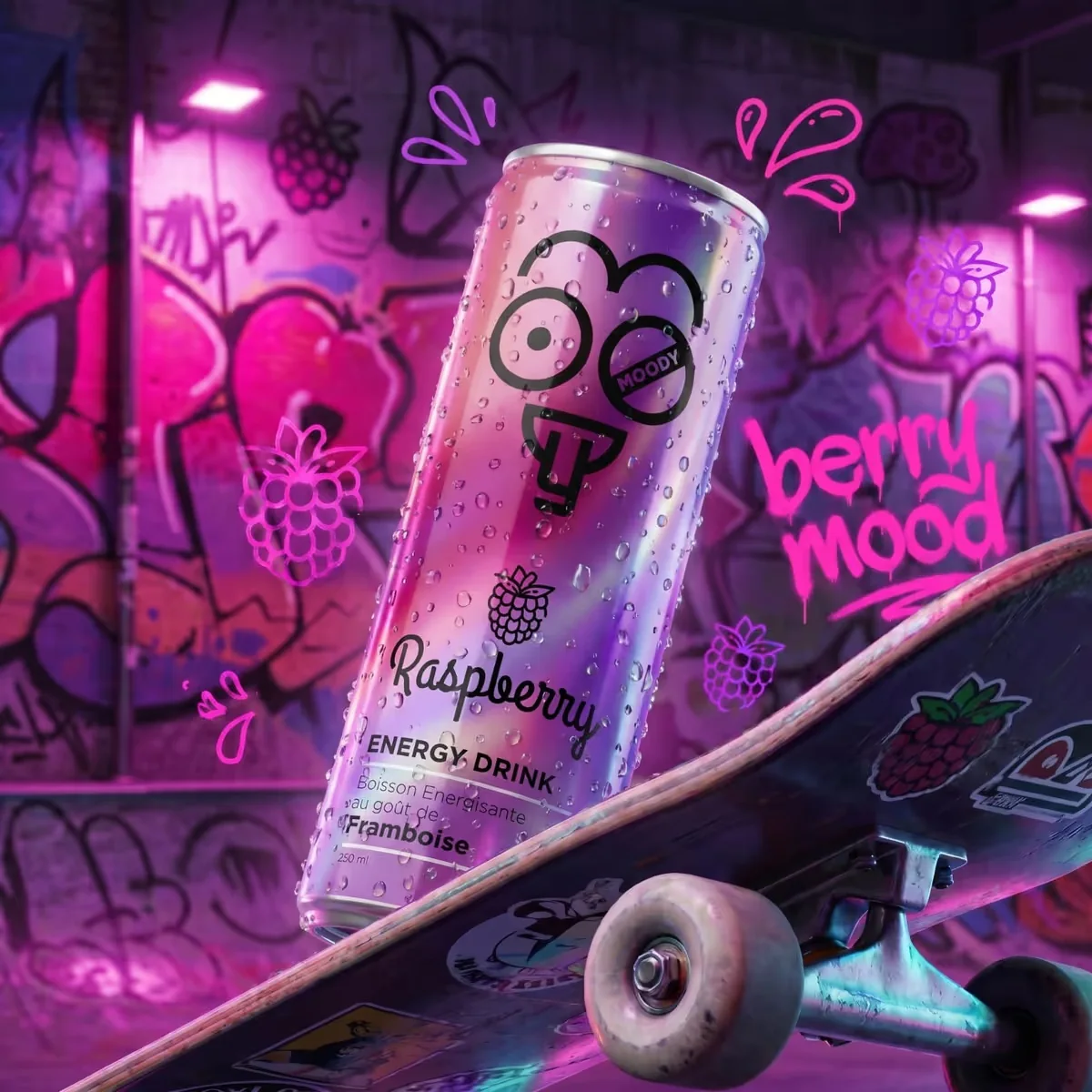 Moody — design graphique boisson et univers néon